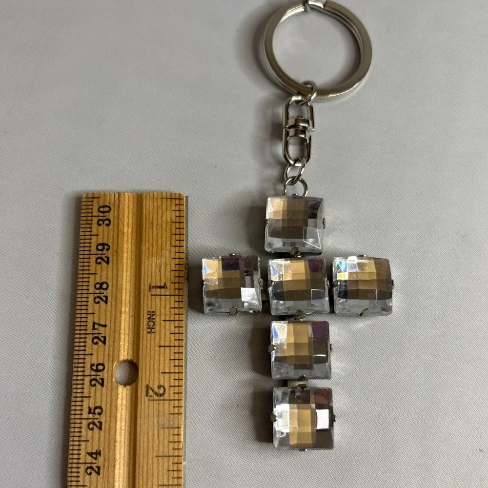 Sparkly Rhinestone Cross‎ Keychain Charm Bag Purse Accessory Silver Tone